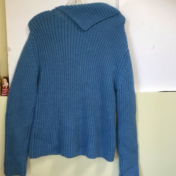 DKNY Chucky Wool Ribbed Knit Sweater Side Mock Neck Soft Cozy Oversized Blue M - Picture 2 of 15